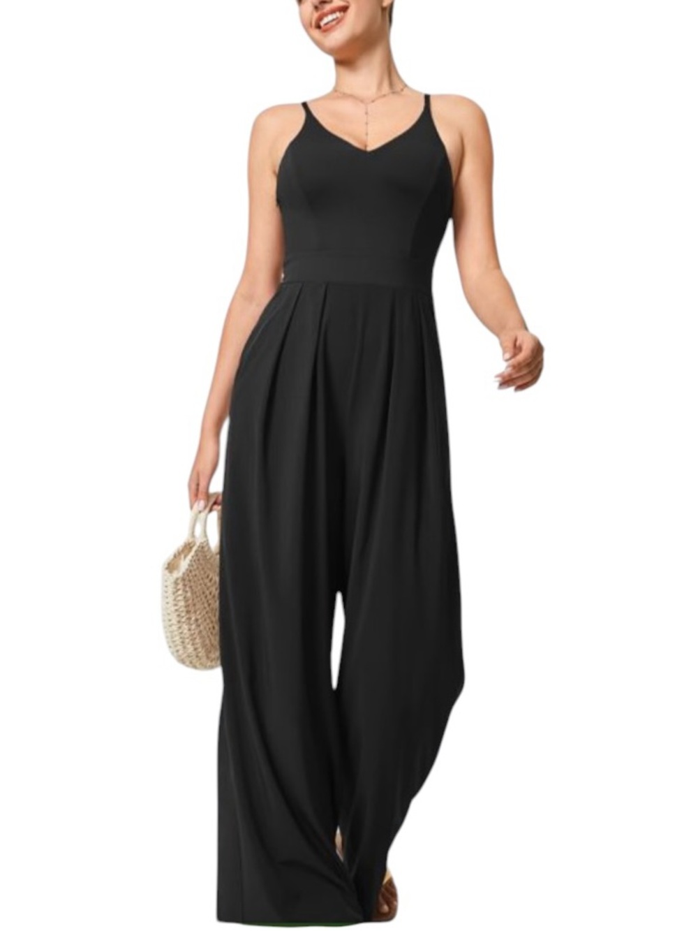 I5- Black Wide-Leg Spaghetti Strap Jumpsuit